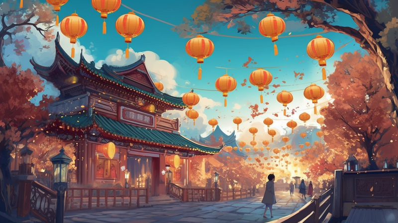 大唐芙蓉园中国风古风城市房屋建筑街道树木上悬挂着黄色的灯笼横版,插画/手绘图,插画/手绘图库,插画/手绘图下载,插画/手绘